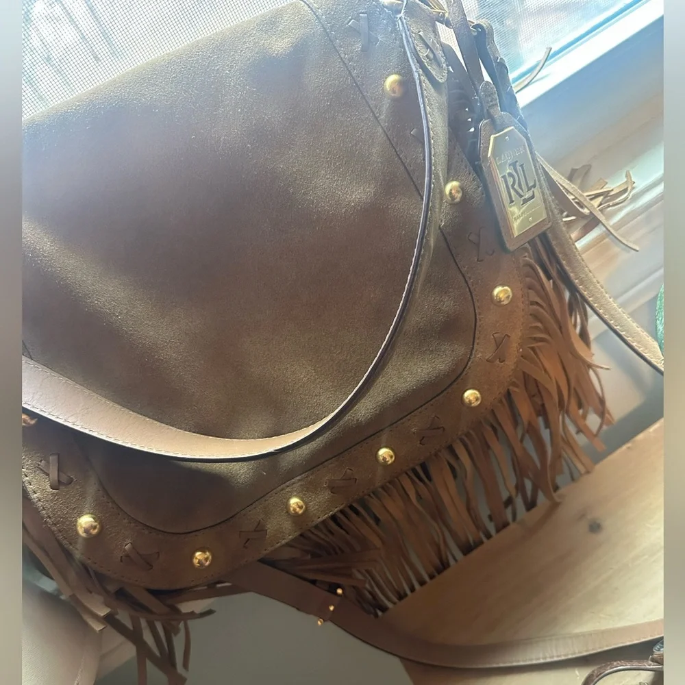 Lauren Ralph Lauren Beige Suede Fringe Shoulder Bag - Picture 10 of 10